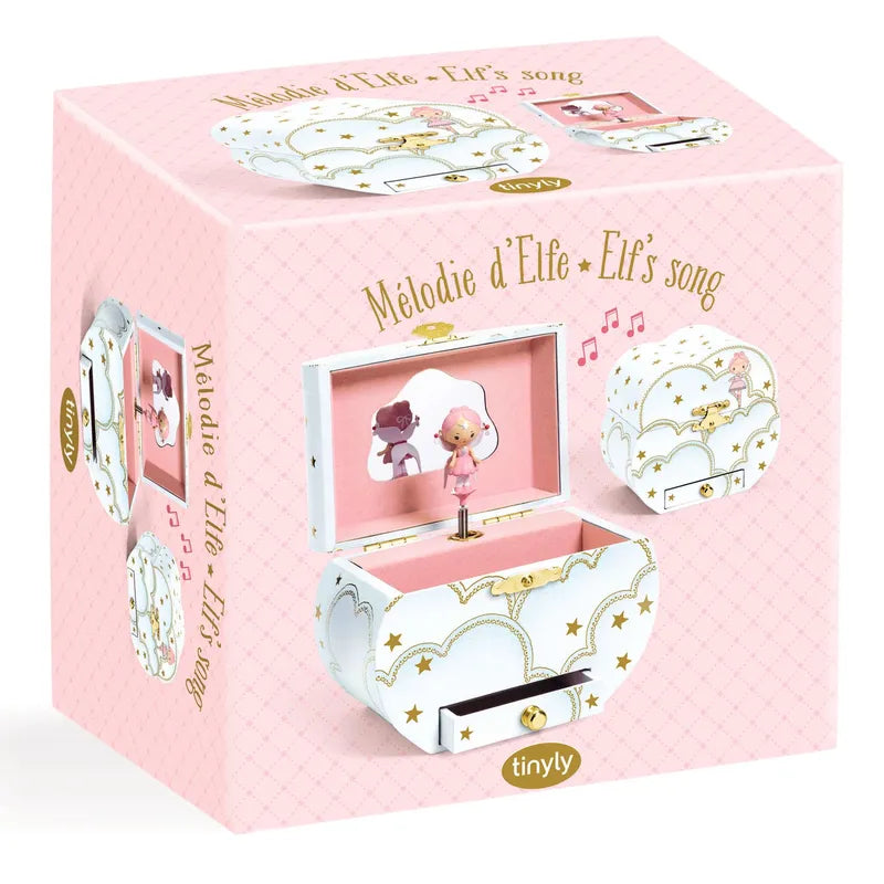 The Djeco Musical Box Elfe's song showcases a charming pink design with an Elfe figurine dancing elegantly inside, accompanied by star patterns and the phrase "Mélodie d'Elfe - Elf's song." The packaging is adorned with whimsical illustrations and musical notes, creating a delightful option for jewelry storage.