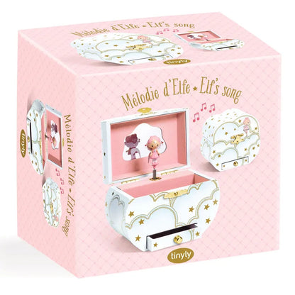 The Djeco Musical Box Elfe's song showcases a charming pink design with an Elfe figurine dancing elegantly inside, accompanied by star patterns and the phrase "Mélodie d'Elfe - Elf's song." The packaging is adorned with whimsical illustrations and musical notes, creating a delightful option for jewelry storage.