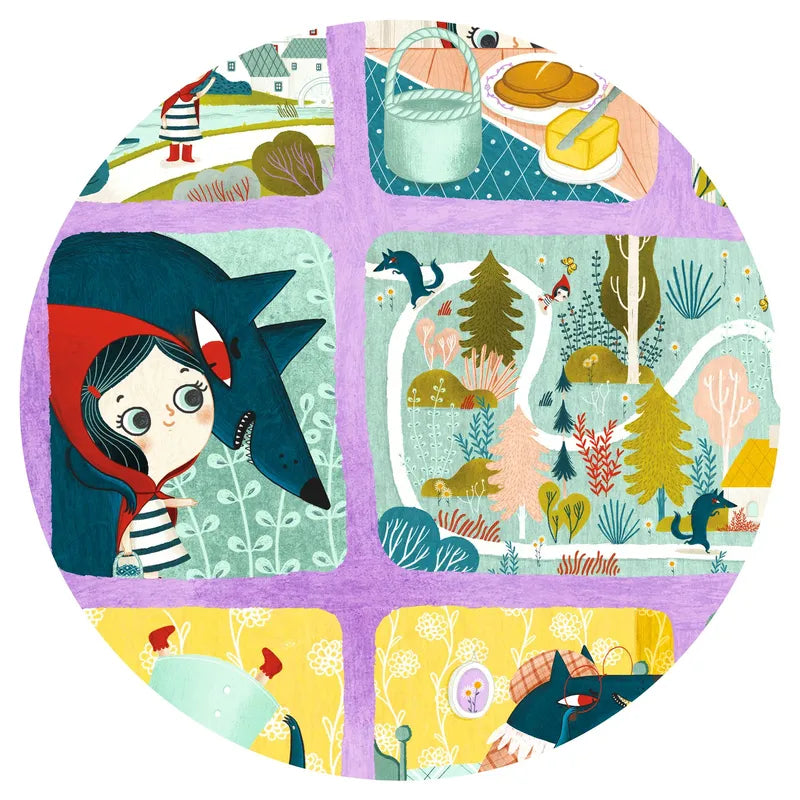 The Djeco Puzzles Story Little Red Riding Hood (35 pcs) presents a captivating circular collage, featuring Little Red Riding Hood in her iconic red hood, a watchful wolf, and food-filled picnic. Colorful forest scenes and trees unfold in vibrant square panels.