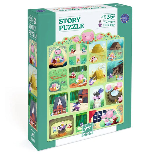 A vibrant green Djeco puzzle box, "Story Puzzle: The Three Little Pigs," with 35 pieces, features illustrations of the classic tale and showcases the three pigs and their houses, along with the Djeco logo elegantly at the bottom.