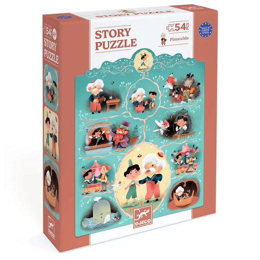 The Djeco Puzzles Story Pinocchio features a whimsical 54-piece puzzle. Housed in a vibrant box with silent comic-style artwork, it captures enchanting scenes and characters in green, orange, and white tones.