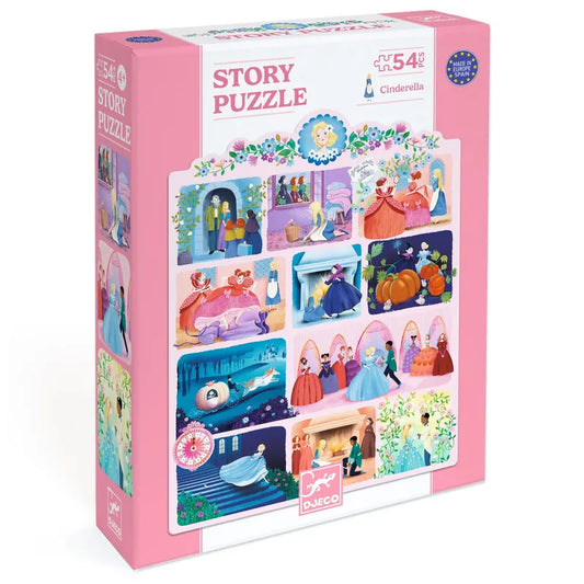 The Djeco Puzzles Story Cinderella - 54 pcs features a pink box with vibrant fairy tale illustrations, including Cinderella, the prince, a pumpkin carriage, and the fairy godmother. This colorful storytelling toy brings the classic tale to life in vivid scenes.