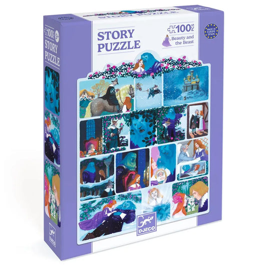 Explore the Djeco Puzzles Story Beauty and the Beast - 100 pcs, a magical puzzle box with colorful, detailed artwork depicting illustrated scenes from the beloved fairy tale on a vibrant purple background.