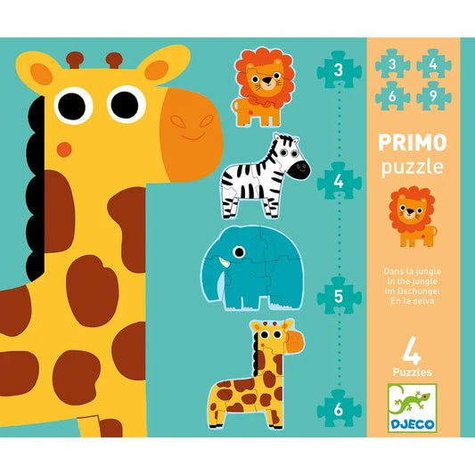 The Djeco Puzzles Progressive Puzzles In the Jungle includes a colorful box cover with jungle animal designs featuring a giraffe, lion, zebra, and elephant. It contains four progressive jigsaws with 3 to 6 easy-to-hold pieces each against a teal background with "PRIMO puzzle" and multilingual descriptions.