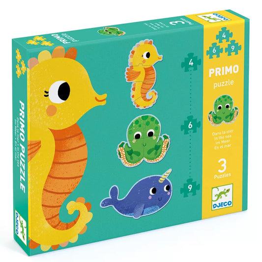 A Djeco Progressive Puzzles In the sea 4, 6, 9 pcs with different sea animals on it.