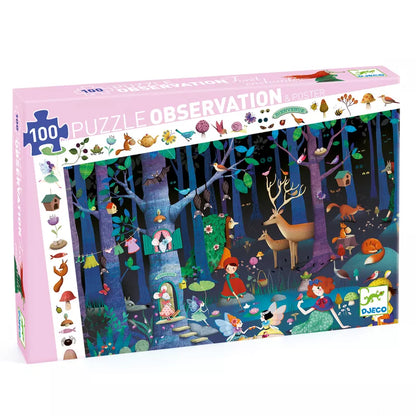 A Djeco Observation Puzzle Enchanted Forest with a picture of a forest scene.