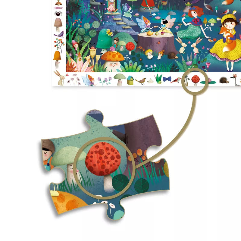 A Djeco Observation Puzzle Enchanted Forest piece with a picture of a girl and a dog.
