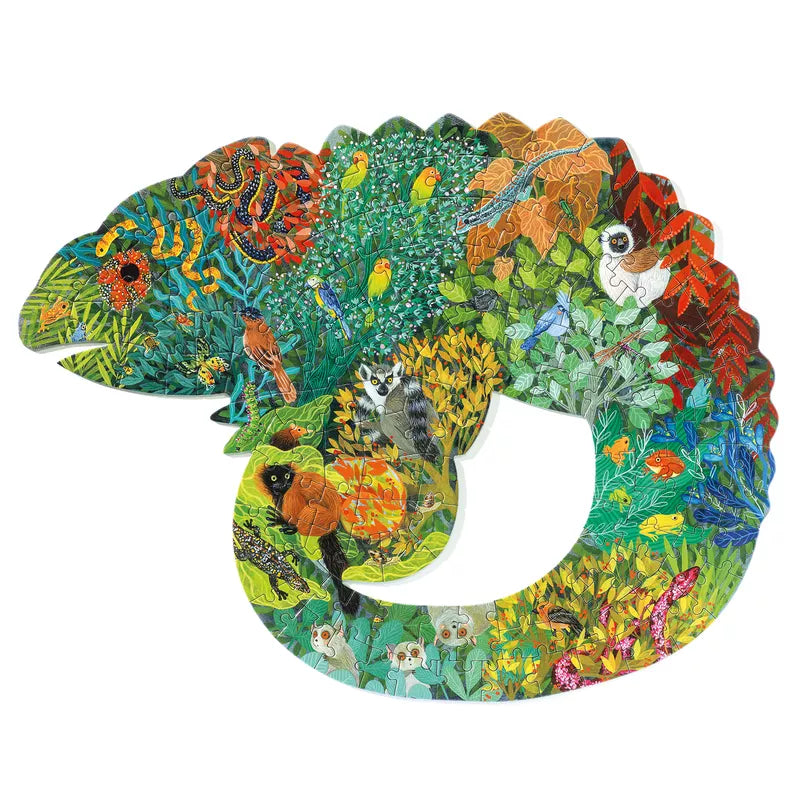 A colorful picture of a Djeco Puzz'art Chameleon 150 pcs puzzle on a white background by Djeco.