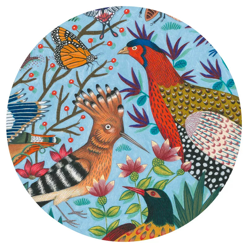 A Djeco Puzz’Art Dodo 350 pcs puzzle depicting birds and butterflies on a blue background.