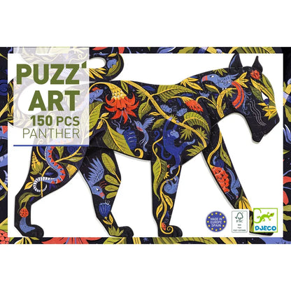 The image showcases the Djeco Puzz’art Panther 150 Pcs, a uniquely shaped cut-out puzzle that features a vibrant, intricately detailed illustration of foliage and wildlife patterns within a panther shape. The black background beautifully accentuates the colorful design.