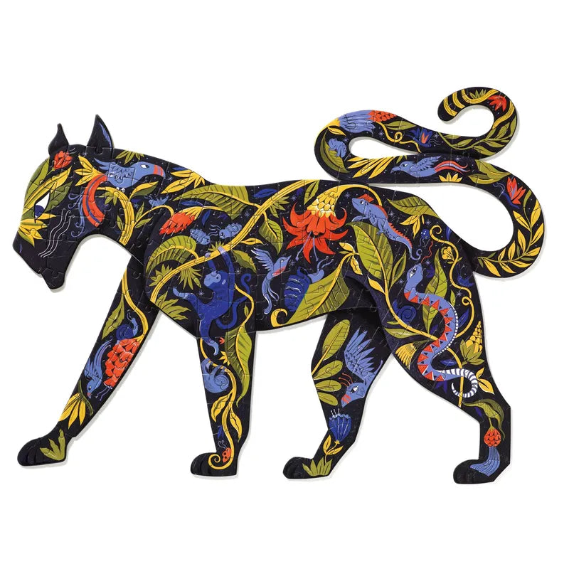 A stylized image of a walking panther filled with vibrant, intricate patterns and designs of colorful flowers and leaves, featuring bold blues, reds, yellows, and greens. The tail curves elegantly above the panther's back, extending the decorative design in this 150-piece Djeco Puzz'art Panther puzzle.