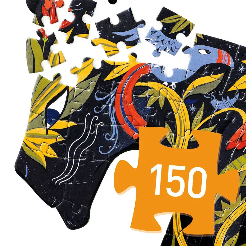 A partially completed Djeco Puzz'art Panther 150 Pcs jigsaw puzzle reveals the image of an abstract, colorful animal head set against a striking black background. Some pieces are missing from the top. In the lower right corner, there's an orange piece with "150" printed on it, indicating that it's a 150-piece puzzle.