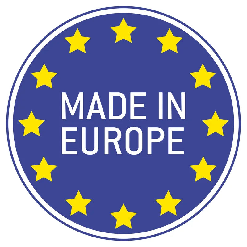 A blue circular emblem with a border of yellow stars and the text "MADE IN EUROPE" in the center, reminiscent of the quality found in our Djeco Puzz’art Panther 150-piece puzzle.