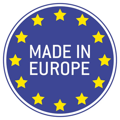 A blue circular emblem with a border of yellow stars and the text "MADE IN EUROPE" in the center, reminiscent of the quality found in our Djeco Puzz’art Panther 150-piece puzzle.