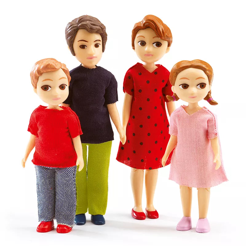 A group of three Djeco Dolls Family Thomas & Marion standing next to each other.