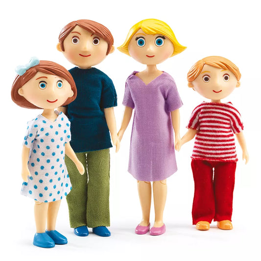 A group of three Djeco Dolls Family Gaspard & Romy standing next to each other, by Djeco.