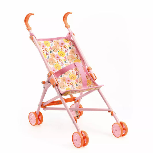 A Djeco Stroller Flowers - 54 cm in pink and orange with wheels.