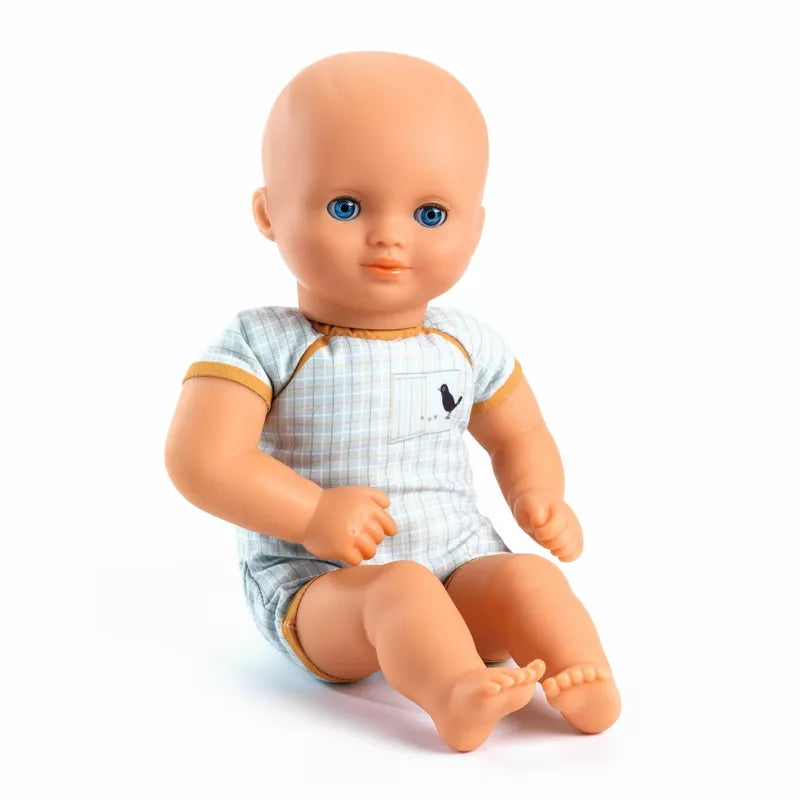 A Djeco Baby Canary Baby Doll sitting on a white background.