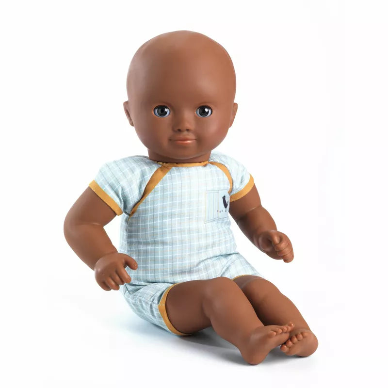A Djeco Baby Mimosa Baby Doll sitting on a white background.