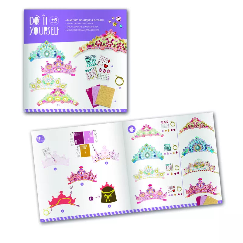 Djeco Mosaics & Stickers Like A Princess book featuring tiaras and princesses.