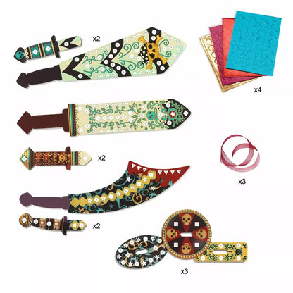 A set of Djeco Mosaics & Stickers Like A Pirate, scissors, pirate swords, and other items.