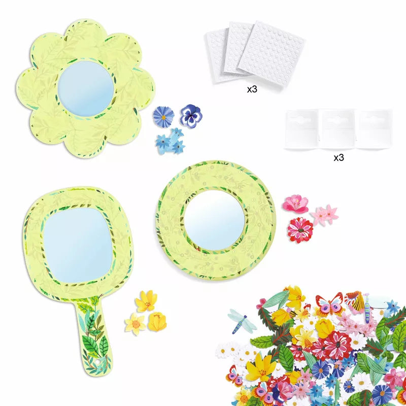 A set of Djeco Mosaics & Stickers Pretty Flowers, mirrors, and other items.