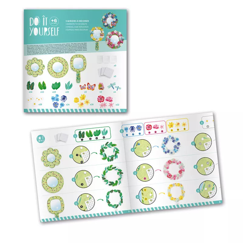 A children's book with a picture of a flower and Djeco Mosaics & Stickers Pretty Flowers decorations.