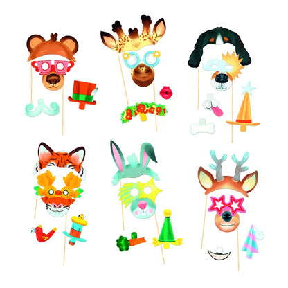 A Djeco Mosaics & Stickers Animal Party kit of animal masks on a stick, perfect for photobooth accessories.