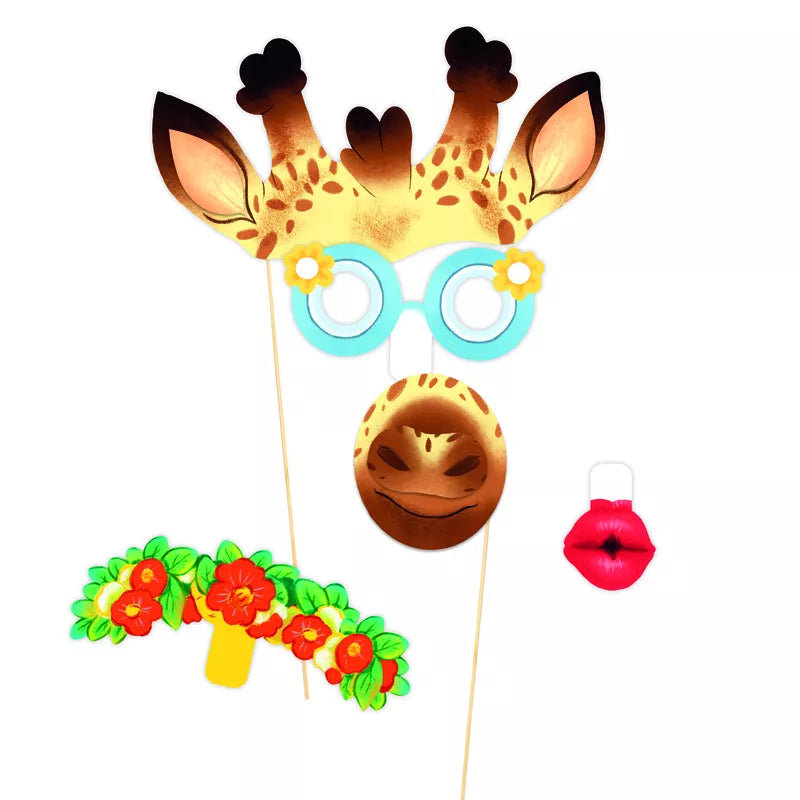 A picture of a Djeco Mosaics & Stickers Animal Party wearing sunglasses, accessorized with flowers.