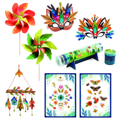 A collection of Djeco Multi Activity Kit Nature for little boys and girls, including nature-themed creations such as colorful paper decorations, a wind chime, and a pinwheel.