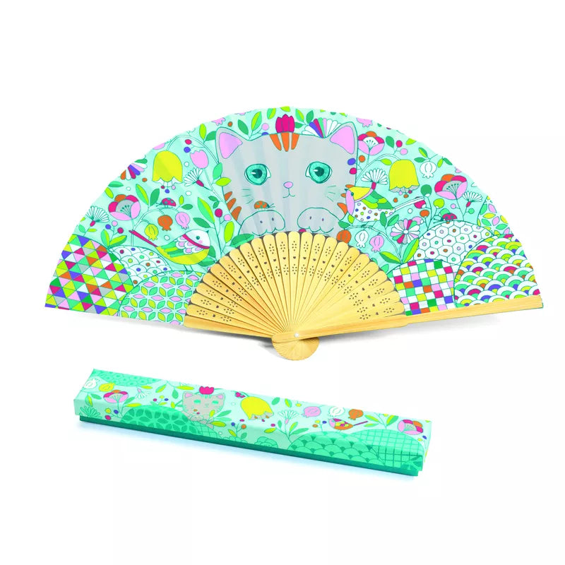 A Djeco Color-In Koneko fan featuring a cute kitten design.