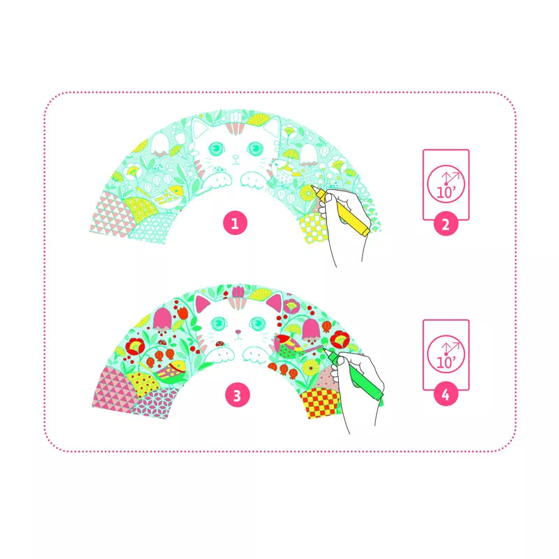 A set of instructions for how to make a flower pattern using the Djeco Color-In Koneko as a toy.