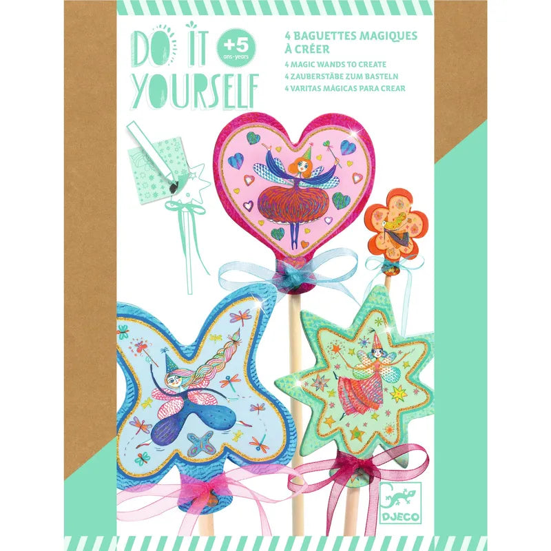 The Djeco Create Little Fairies arts and crafts kit allows children aged 5 and up to craft 4 magical wands. This creative set features colorful wand designs including a heart, butterfly, and star, each adorned with whimsical illustrations of dancers, flowers, and birds. With text available in multiple languages, it makes for a delightful activity for kids.