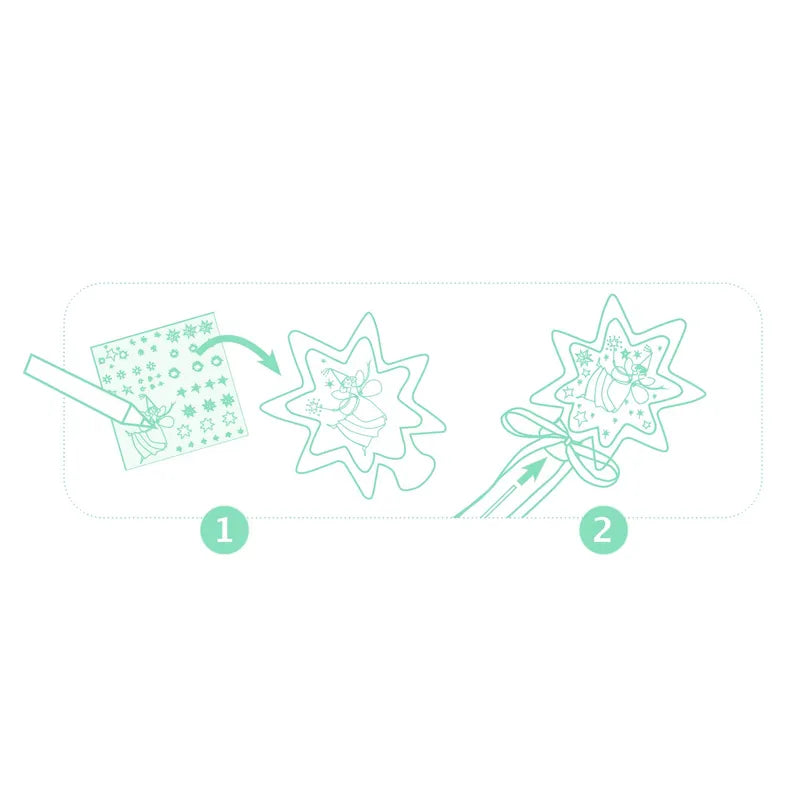 Step-by-step illustration of creating a decorated paper star using Djeco Create Little Fairies. Step 1: Cut out a star shape from the patterned paper provided in the kit, following the lines. Step 2: Attach a ribbon to the bottom of the star and place a decorative bell in the center. This makes for a wonderful children's activity or can be part of creating magical wands with Djeco Create Little Fairies.