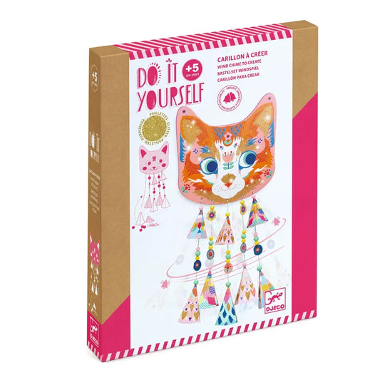 Djeco Create Do It Yourself Kitty kit lets you craft a cat-themed wind chime with geometric patterns, colorful design, and waxed cotton threads. Suitable for ages 5+, it emphasizes bright colors, creativity, and fun.