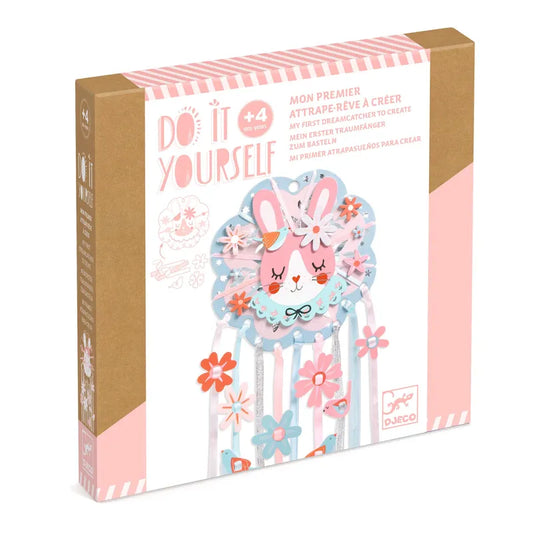 The Djeco Create Do It Yourself Dreamer is an enchanting DIY dreamcatcher kit ideal for kids aged 4+. With a bunny encircled by vibrant floral designs, it makes a delightful decoration. The colorful packaging features flower illustrations and the text "Do It Yourself.