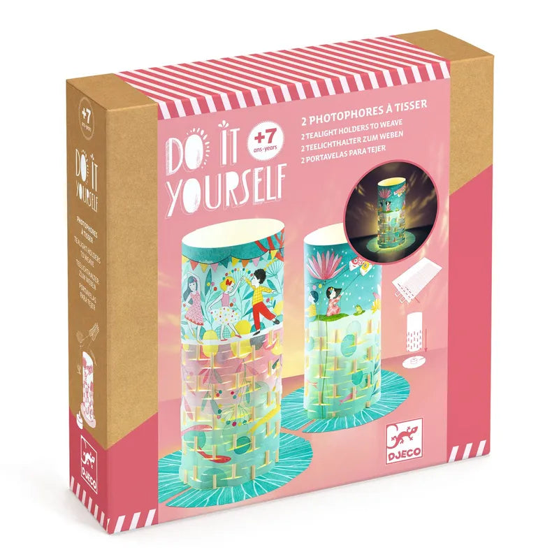 The Djeco Create Fireflies Dance is a boxed "Do It Yourself" kit, suitable for ages 7 and up. This kit allows children to create two cylindrical tealight holders with colorful and whimsical designs, reminiscent of charming paper lanterns. The box features images of the completed holders, along with instructions and components.