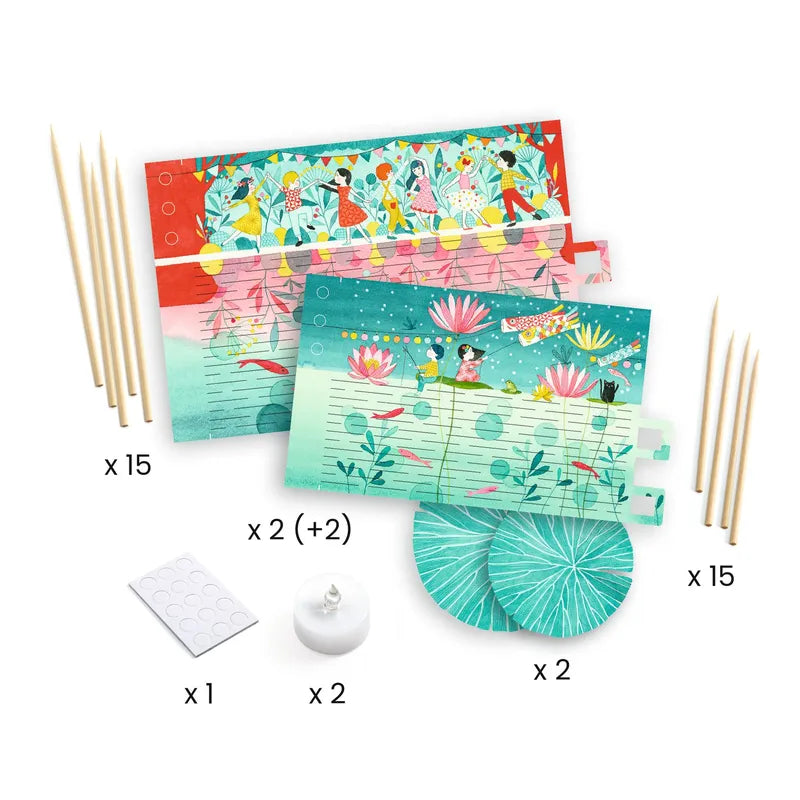 The image displays an assortment of materials from the Djeco Create Fireflies Dance kit, including vividly printed sheets with floral and aquatic designs, 15 bamboo sticks, one sheet of adhesive dots, two circular green bases, a small white stand, and detailed assembly parts labeled x2 (+2).