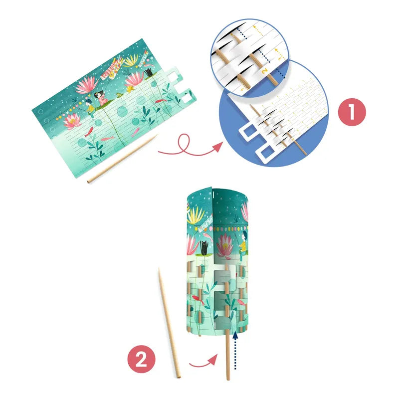 Step-by-step instructions for assembling the Djeco Create Fireflies Dance paper craft: 1. Interlock paper pieces with tabs. 2. Roll the interlocked paper into a cylindrical shape and secure it with bamboo sticks.