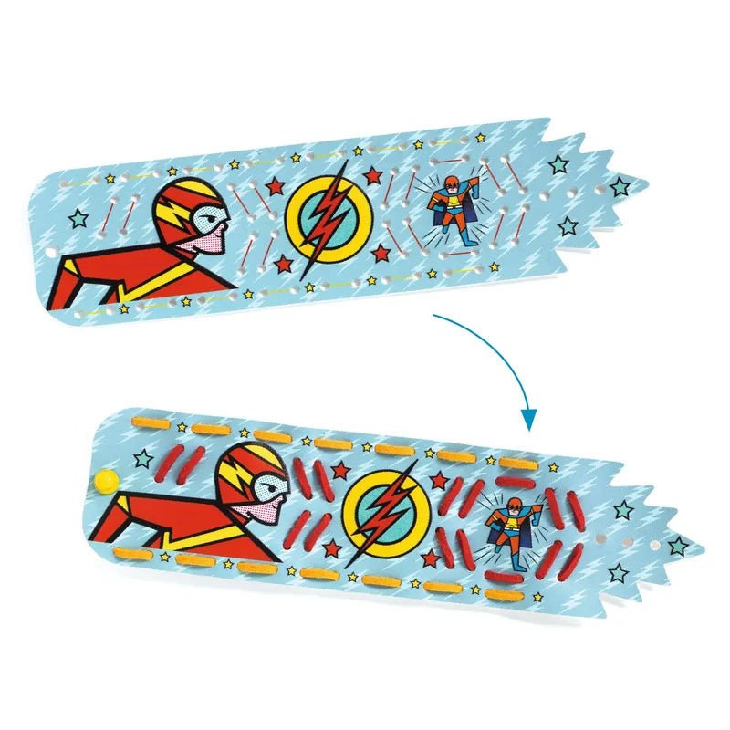 The Djeco Mosaics & Stickers Super-Powers - Fsc Mix is a vibrant, rocket-shaped toy depicting a comic-style superhero. The top part highlights the superhero alongside lightning bolt icons, while the bottom section features a maze filled with small obstacles and a yellow ball. An arrow directs children to navigate the ball through the maze, making it an engaging and interactive activity for kids.