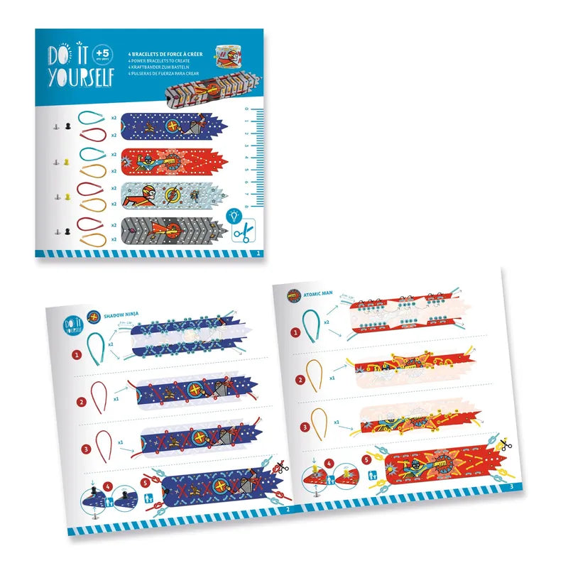 A creative kit titled "Djeco Mosaics & Stickers Super-Powers - Fsc Mix" featuring superhero bracelets. The top section shows a closed booklet with bracelet templates, while the bottom reveals opened pages with step-by-step instructions and illustrations. This is the perfect children activity for crafting colored paper bracelets with superhero designs.