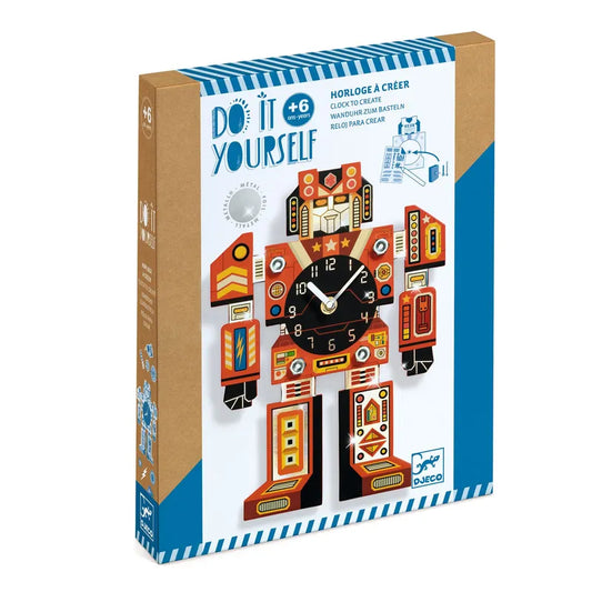 Introducing the Djeco Create Do It Yourself Clock Robotime, a vibrant 2-in-1 robot-themed clock kit for ages 6+. Featuring gears and abstract patterns, it sparks creativity with its colorful design. The packaging highlights the assembled clock and includes multilingual text.