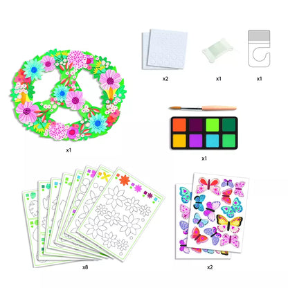 A creative kit with Djeco Color-In, Paint Springtime colours and markers, perfect for designing a peace sign craft or a floral mobile.