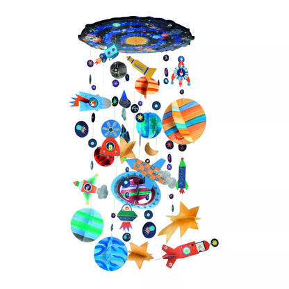 A Djeco Color-In, Paint Solar System themed mobile hanging from the ceiling, perfect for learning and creative play.