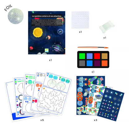 A Djeco Color-In, Paint Solar System kit for kids to learn about the solar system through space-themed art.