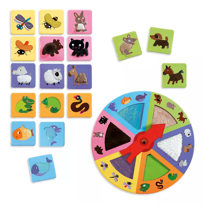 A Djeco Tactilo Loto Animals toy wheel with textured bodies that allows for easy identification of animals.