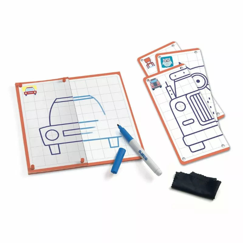 A picture of a Djeco Step by Step Symetrie and Co car on a piece of paper with a Djeco marker.