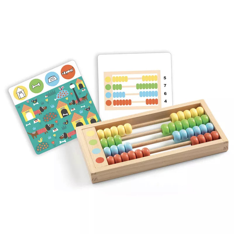 A Djeco Perlix Abacus with a matching board in front of it.
