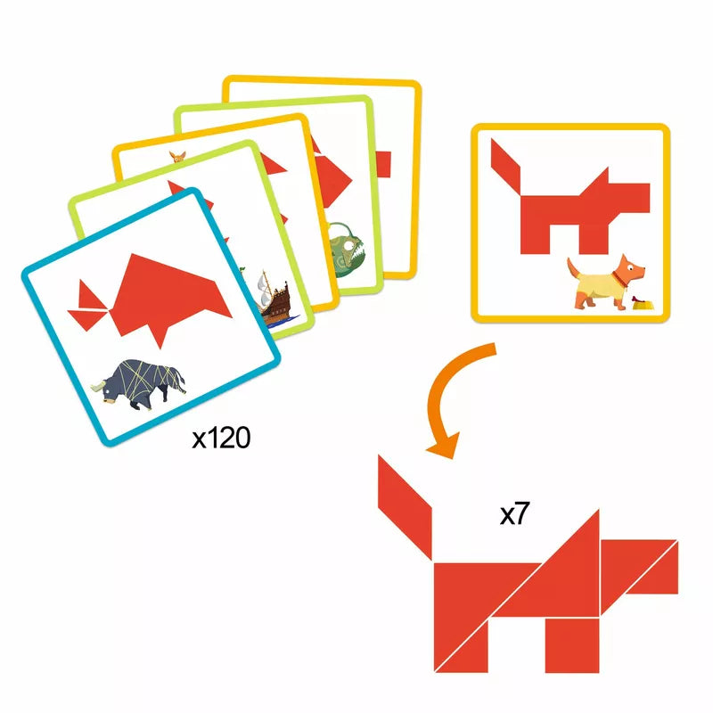 A set of Djeco Tangram Logic Game cards featuring a cat and a dog, perfect for problem-solving enthusiasts and brainteaser game lovers.