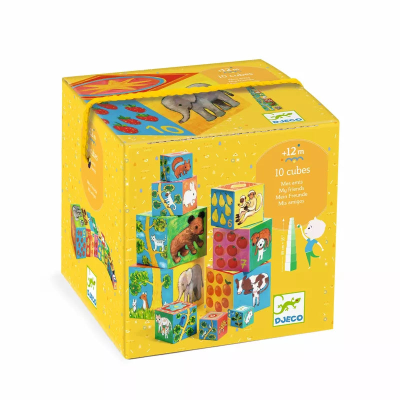 A yellow Djeco box with pictures of people and animals on it.